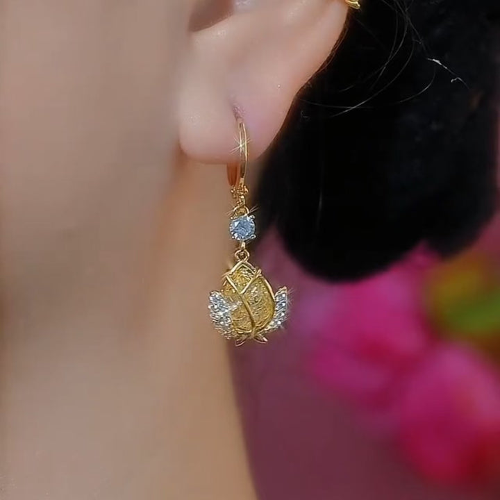 Hollow Tulip Diamond Hoop Earrings, Luxury Yellow Tulip Flower Dangle Earrings, Gold Elegant Earrings