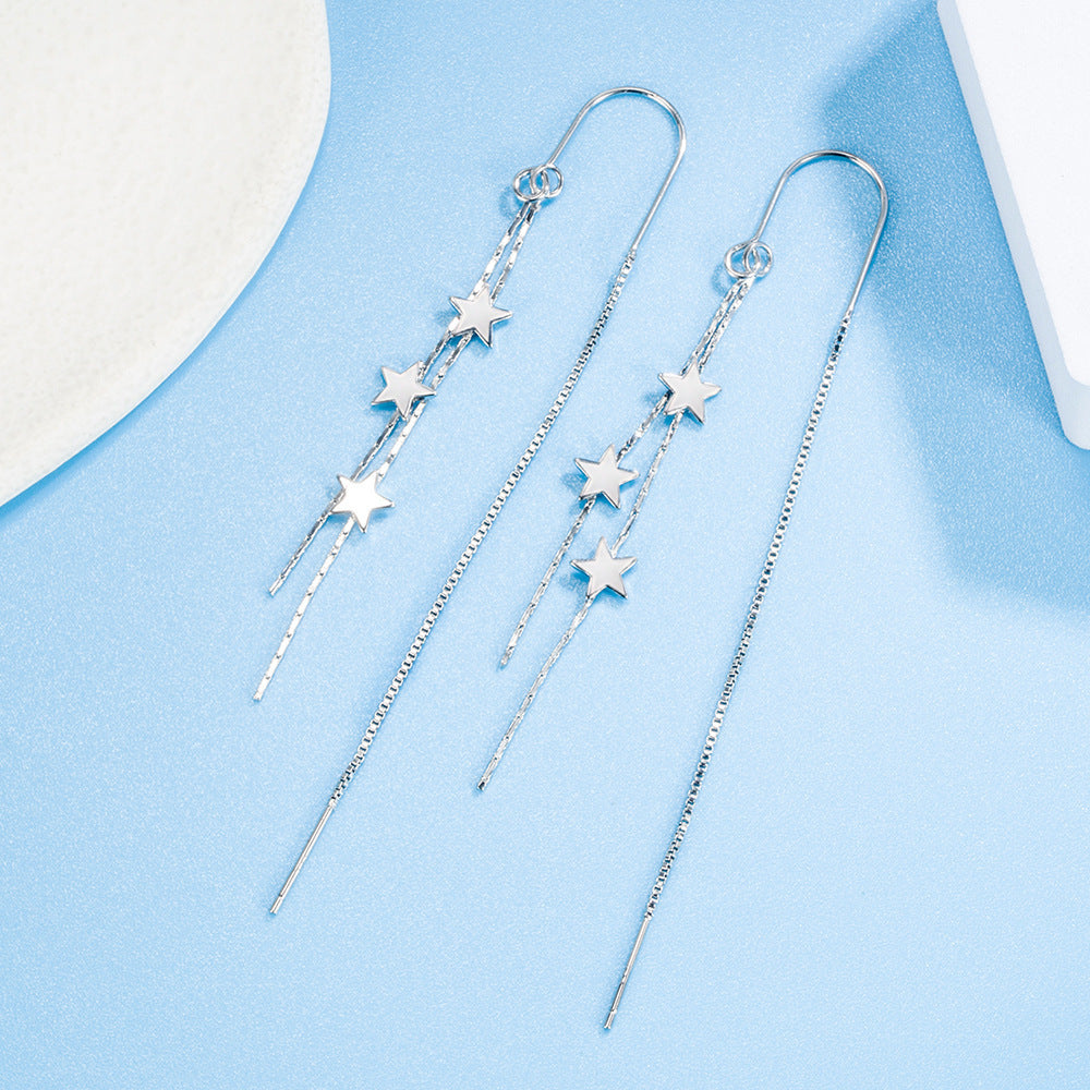 Multi-Layer Star Long Tassel Hook Earrings, Triple Star Snake Chain Slimming Sweet Silver Dangle Jewelry