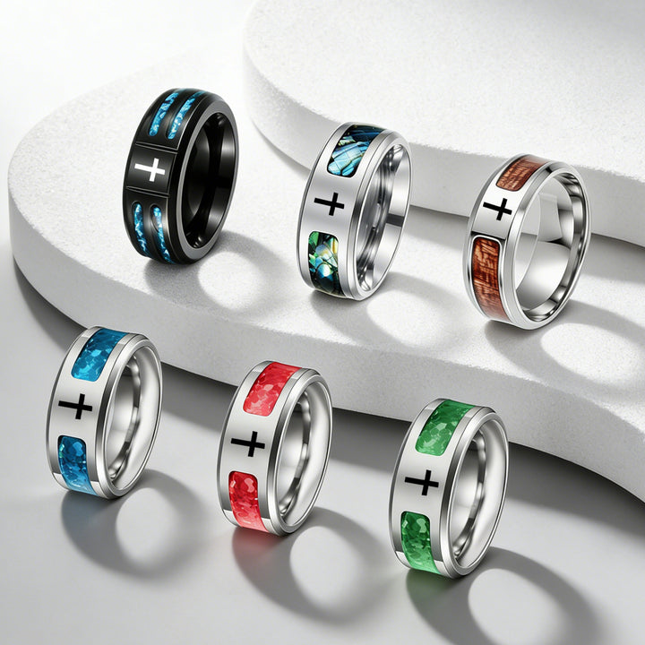 Multi‑Color Inlaid Cross Wide Band Men's Ring, Multiple Styles Available