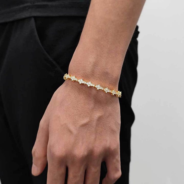 Four-Pointed Star Paved Diamond Tennis Bracelet, Gold & Silver Luxury Full Diamond Elegant Clasp Bracelet for Women
