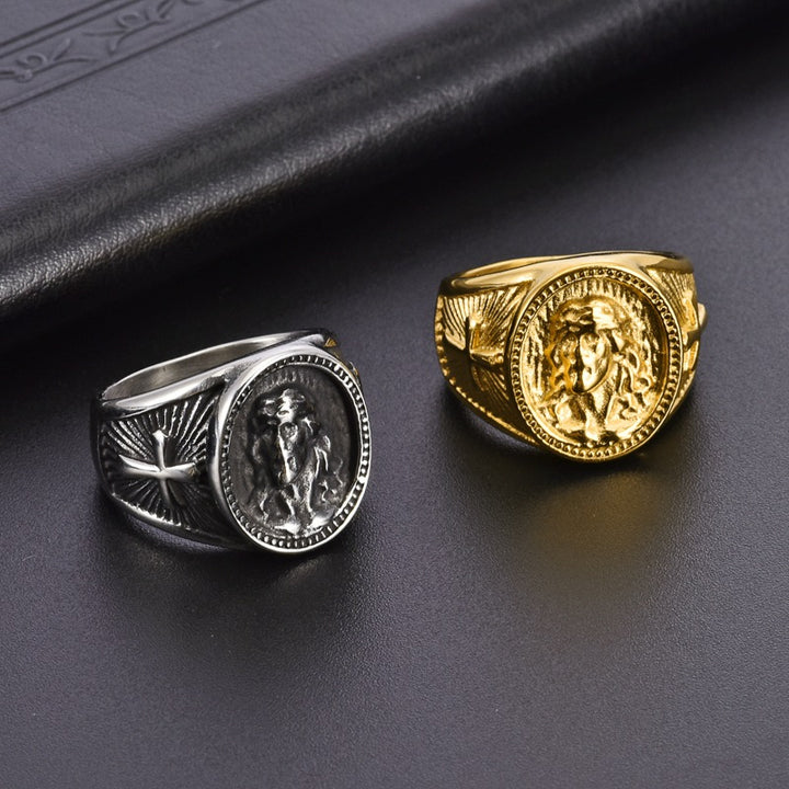 Vintage Antique Jesus Portrait Titanium Steel Men Ring, Cross Radiant Engraved Wide Religious Statement Band