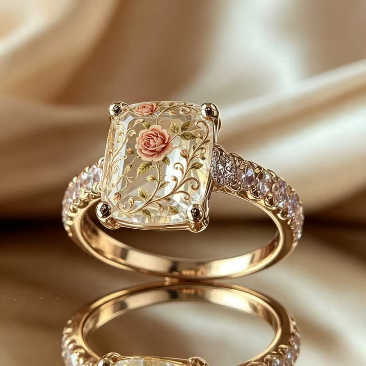 Vintage‑Style Inner‑Carved Rose Square Stone Ring, S925 Silver Elegant Floral Court‑Style Ring