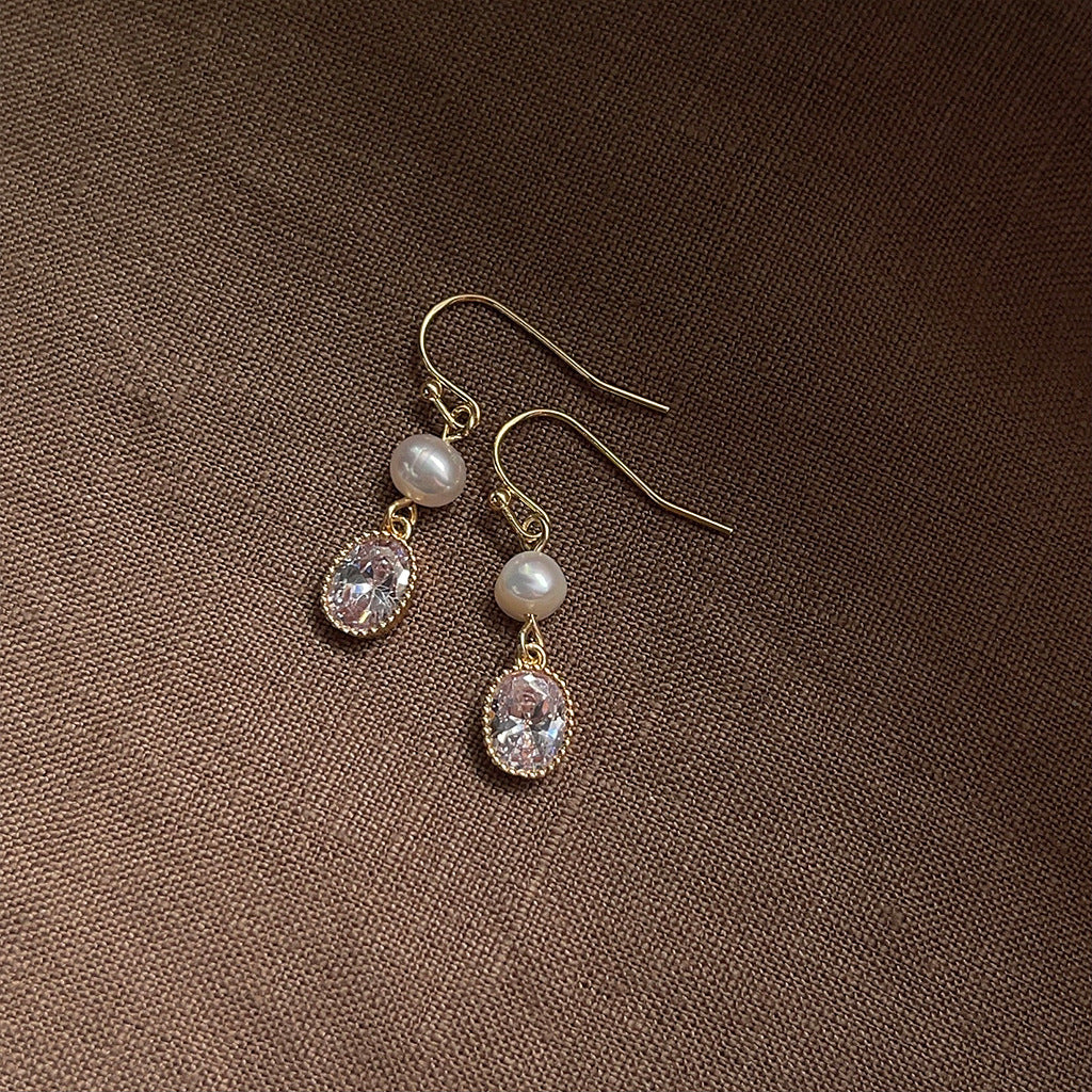 Oval Diamond Pearl Drop Hook Earrings, French Light Luxury Long Face Slimming Dainty Earrings