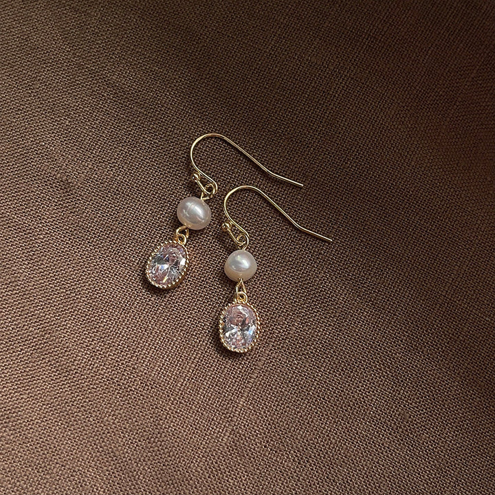 Oval Diamond Pearl Drop Hook Earrings, French Light Luxury Long Face Slimming Dainty Earrings
