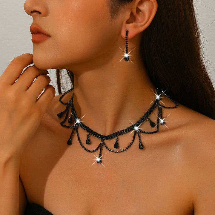 Tassel Drop Rhinestone Choker & Earring Set (Light Luxury Gala Accessory Set)