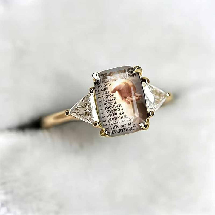 S925 Silver Faith‑Themed Printed Square Stone Ring, Two‑Tone Option Heart‑Accent Religious Ring for Women