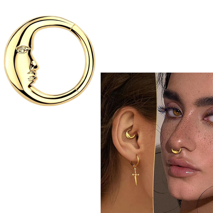 Moon Face Hoop Piercing Jewelry, European Artistic Clicker Nose Ring & Earring Sterling Silver  Body Piercing Accessory