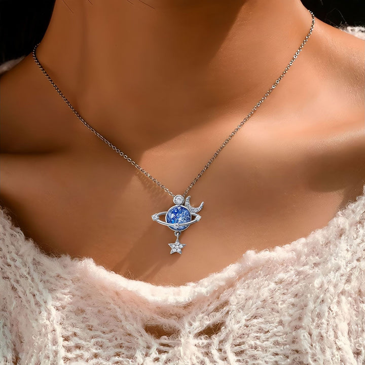 Moon Star Planet Blue Glitter Resin Necklace, Luxury Paved Diamond Starry Sky Dainty Clavicle Necklace for Women