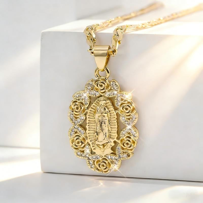 Rose Wrapped Virgin Mary Pendant Necklace, Vintage Gold Cuban Chain Mary Necklace