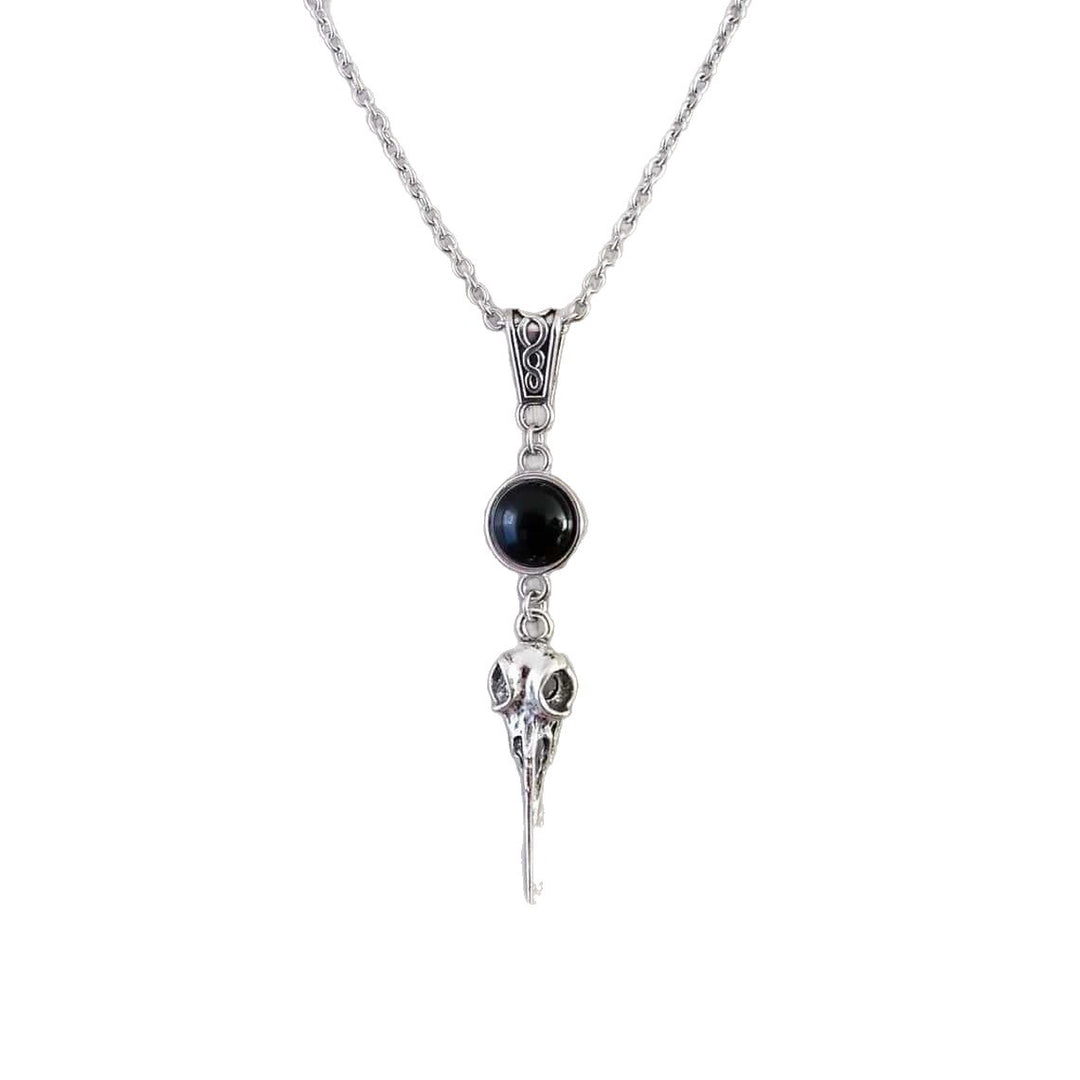 Raven Skull Black Onyx S925 Silver Necklace, Vintage Antiqued Gothic Crown Bird Head Pendant, Unique Necklace For Men