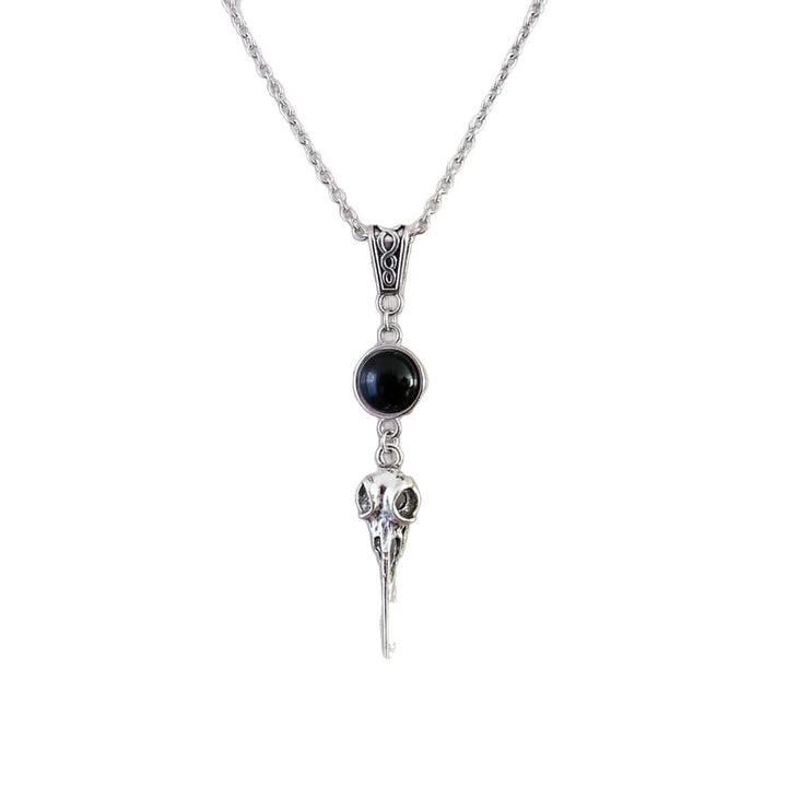 Raven Skull Black Onyx S925 Silver Necklace, Vintage Antiqued Gothic Crown Bird Head Pendant, Unique Necklace For Men