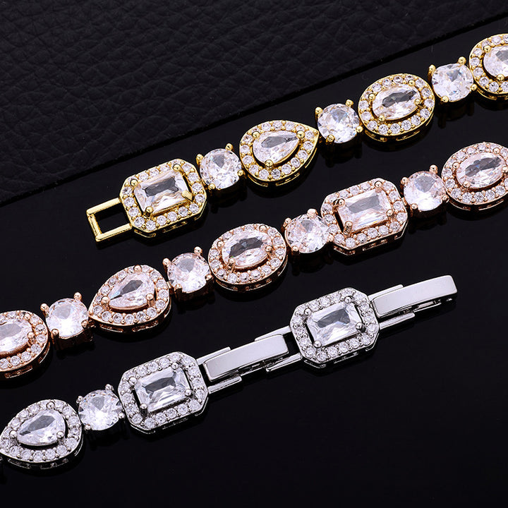 Square & Oval Halo Diamond Tennis Bracelet, Luxury European Full Diamond Gold-Plated Elegant Bracelet for Women