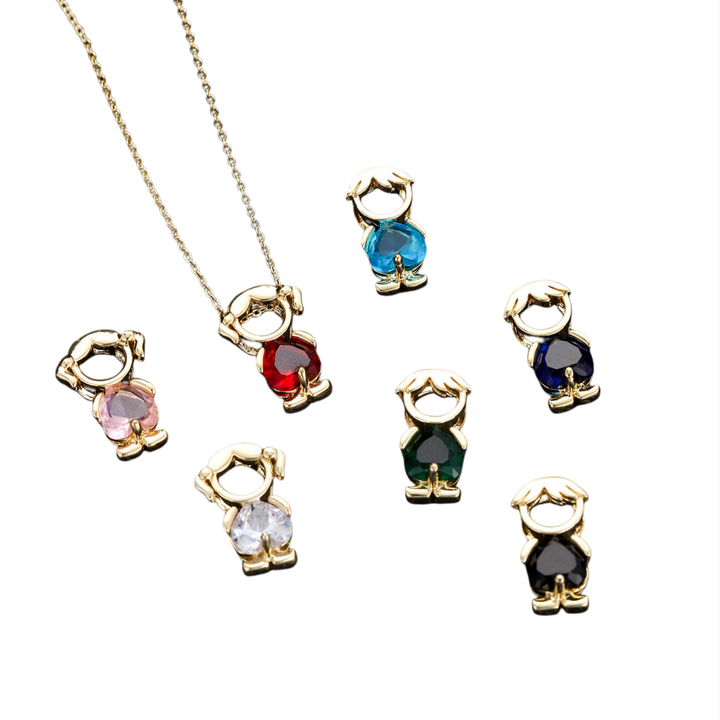 Multi-Color Heart Diamond Little Boy Pendant Necklace Set, Solid S925 Silver Birthstone Parent & Couple Choker Jewelry