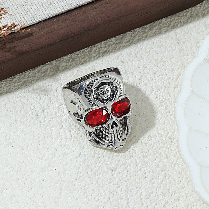 Red Gem Eye 3D Skull Embossed Ring, S925 Silver Antiqued Dark Biker Wide Band For Men