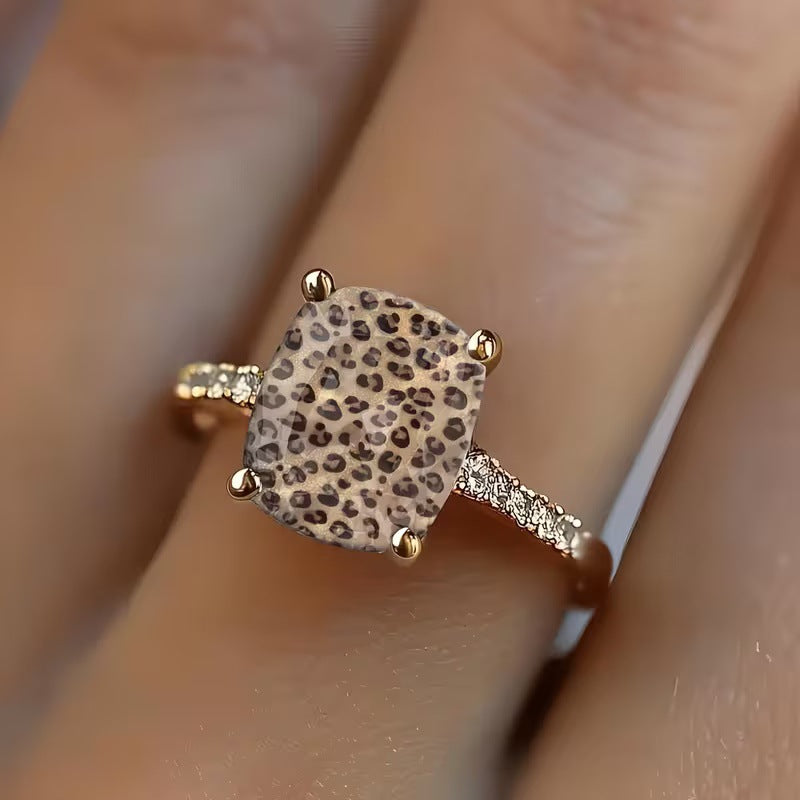 Luxury Glitter Leopard Print Rectangle Stone Pave Band Ring, Solid S925 Silver Gold-Plated Trendy Unique Band for Women