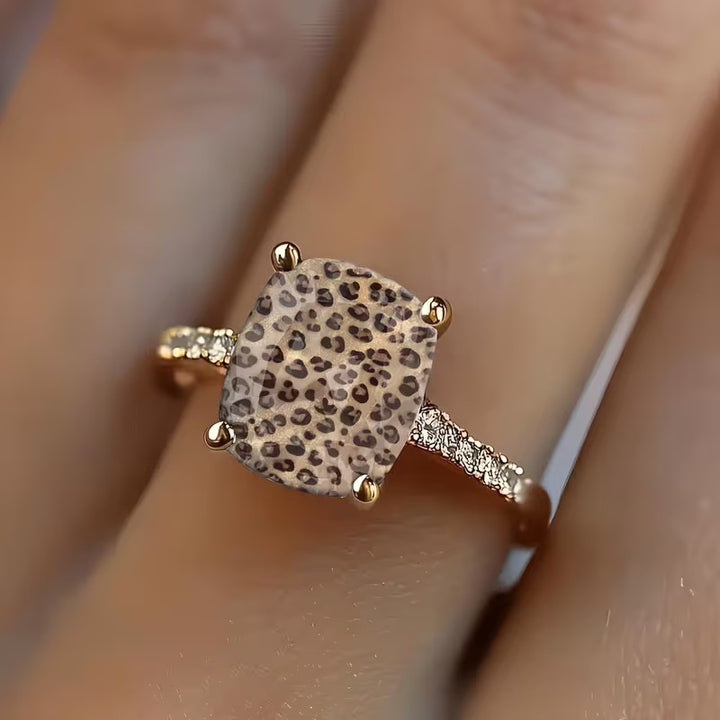 Luxury Glitter Leopard Print Rectangle Stone Pave Band Ring, Solid S925 Silver Gold-Plated Trendy Unique Band for Women