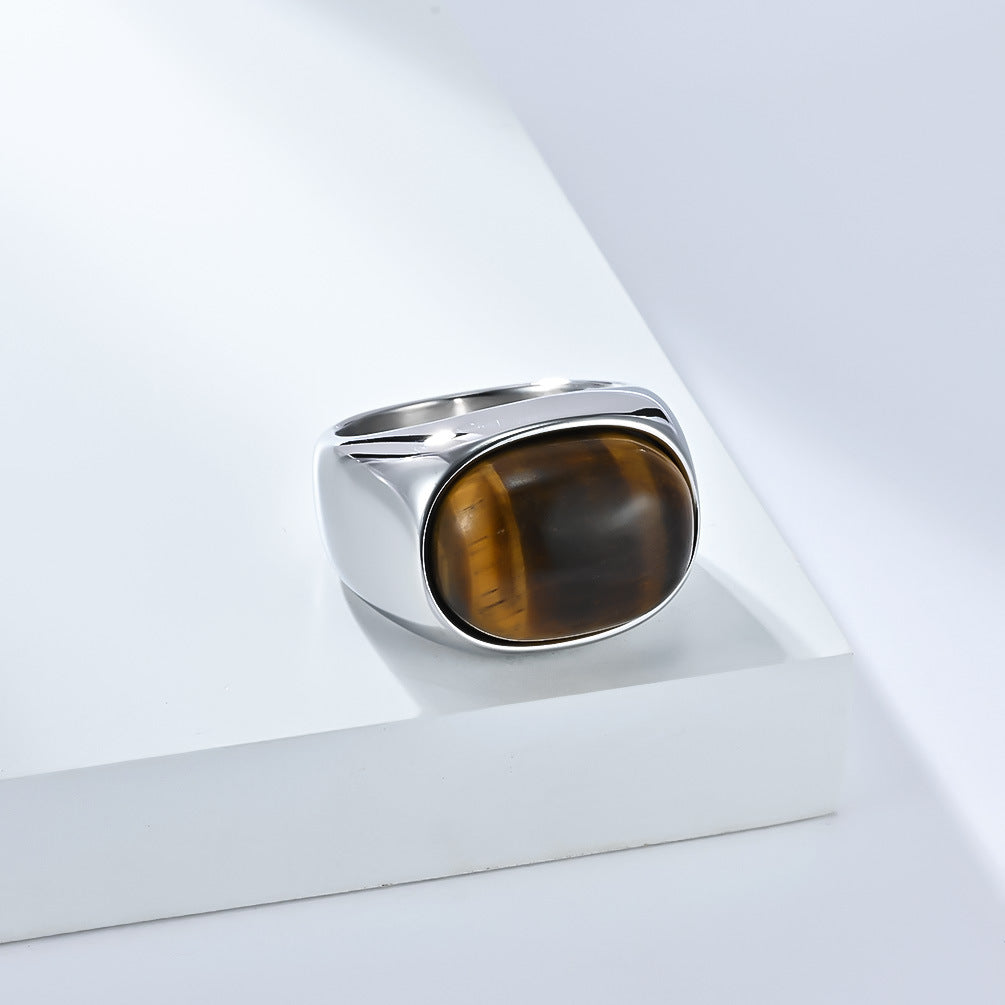 Minimalist Oval Cabochon Gem Solid Signet Ring, S925 Silver Gold/Black/Silver 3 Colors Tiger Eye & Onyx Unisex Wide Band
