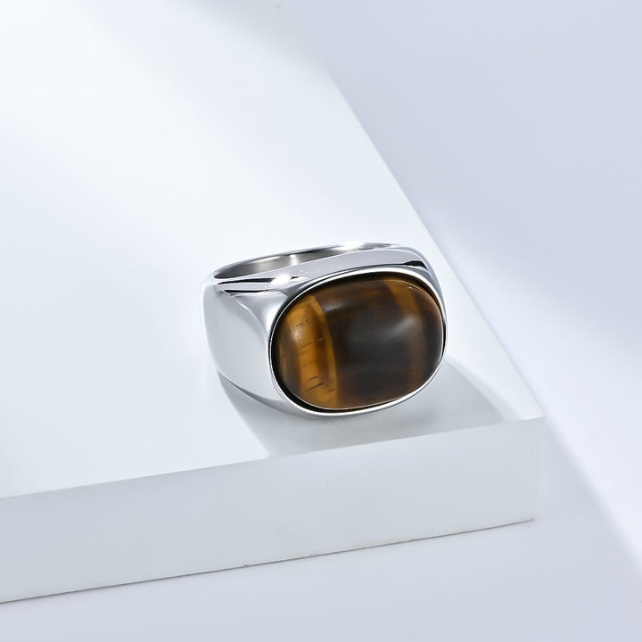 Minimalist Oval Cabochon Gem Solid Signet Ring, S925 Silver Gold/Black/Silver 3 Colors Tiger Eye & Onyx Unisex Wide Band