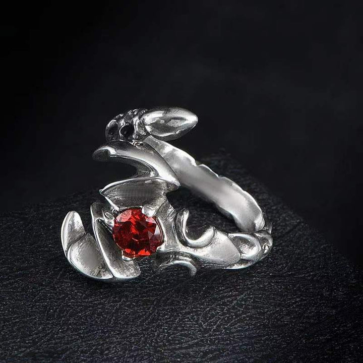 Dark‑Style Scorpion Ring With Red Gemstone, Open‑Band