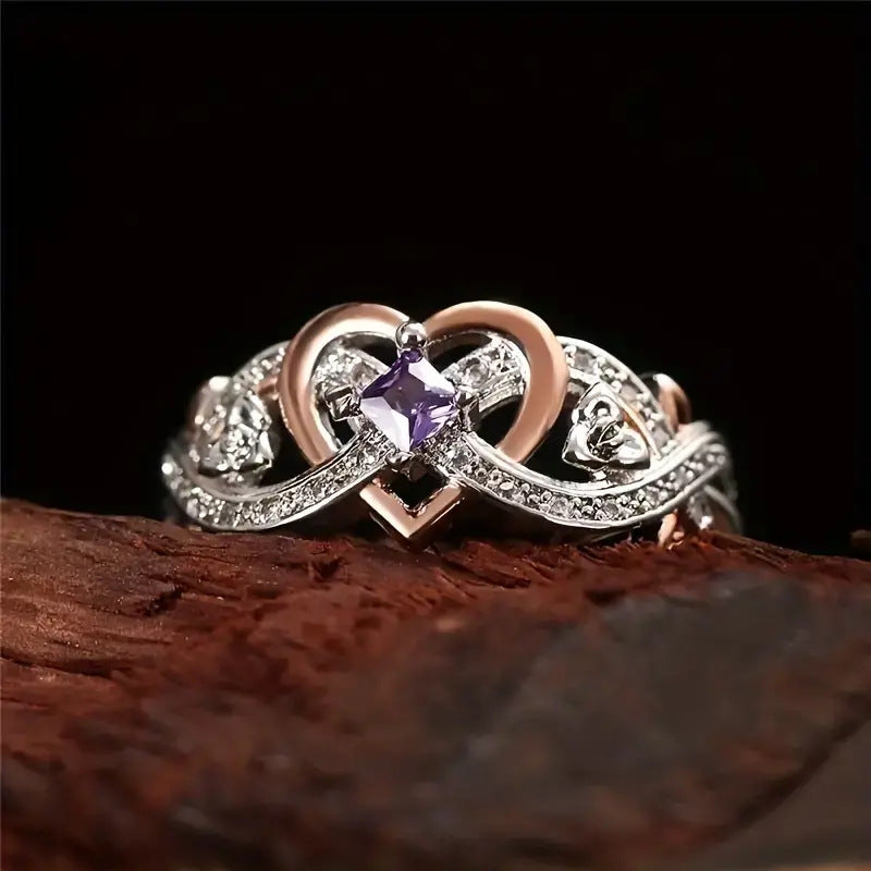 Two‑Tone Interlaced Heart Square Purple Diamond Ring
