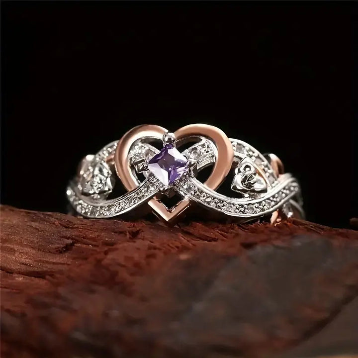 Two‑Tone Interlaced Heart Square Purple Diamond Ring