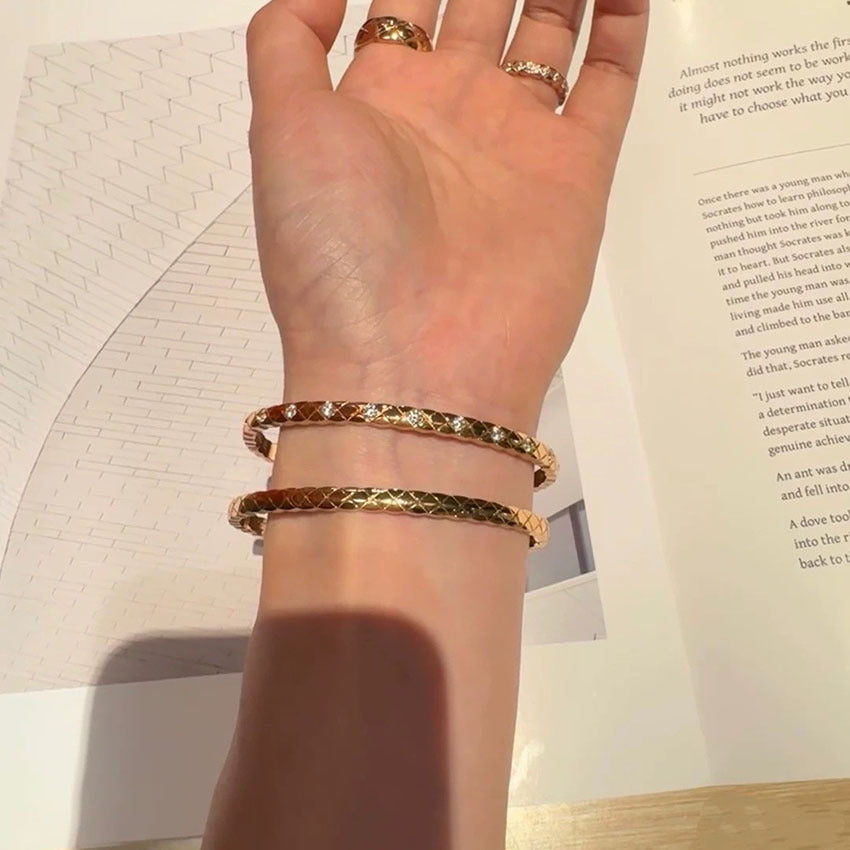 Diamond Lattice Snap Thin Bangle, Gold & Silver No/Half/Full Diamond Light Luxury Slim Bracelet