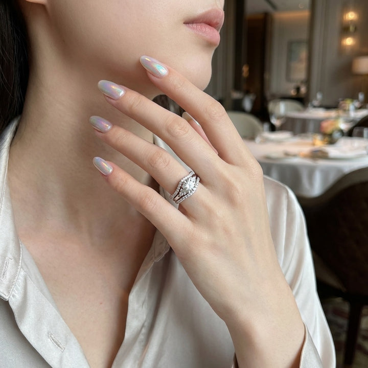 3-Row Round Diamond Halo Ring Set (Luxury Romantic Engagement Wedding Band Set)