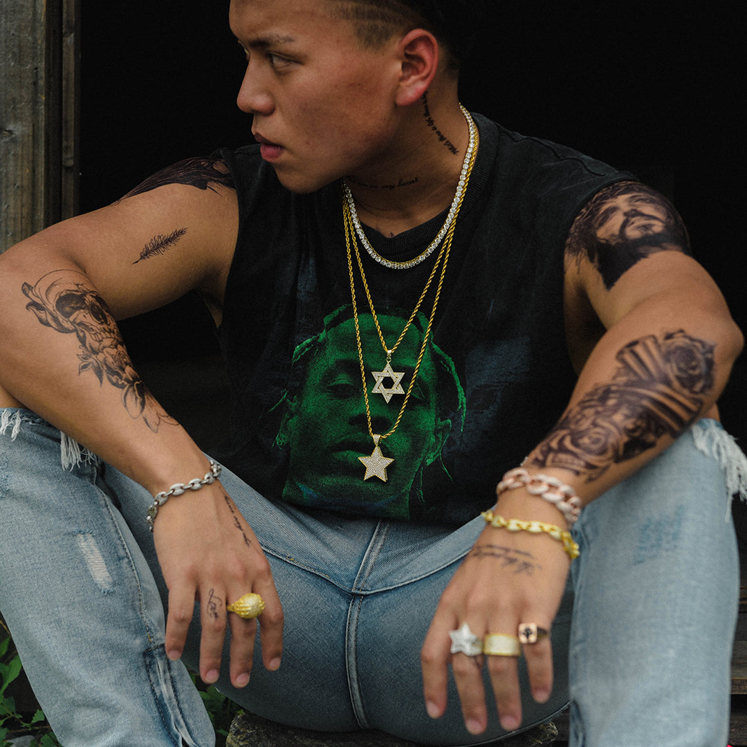 Full Paved Hexagram Pendant Necklace with Twisted Rope Chain, Vintage Streetwear Luxury Necklace