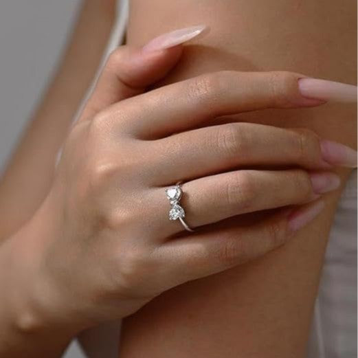 Double Heart Bow Diamond Ring (Girly Silver Tone Statement Band)