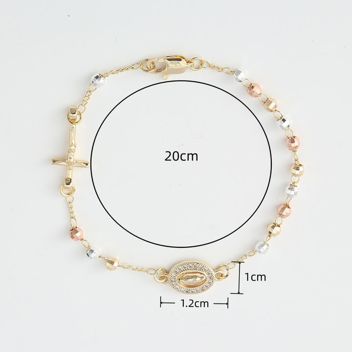 Tri-Color Faceted Bead Virgin Mary Cross Bracelet, Religious Diamond Saint Medal Jewelry, Gold Plated Rosary Bracelet for Women