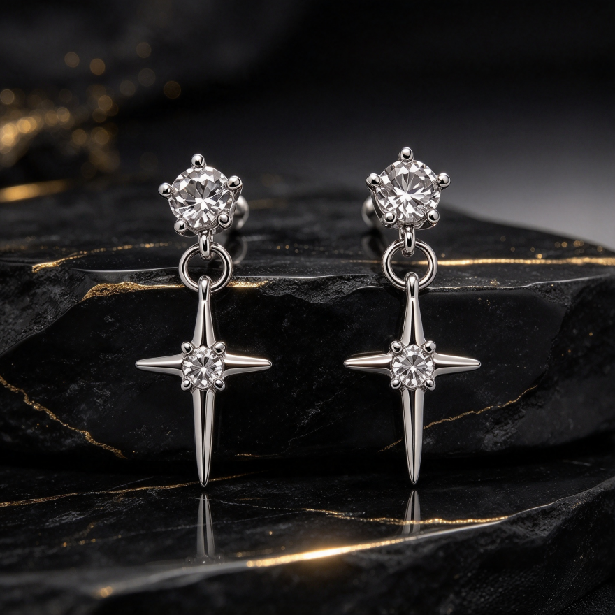 Star Drop S925 Silver Stud Earrings, Double Diamond Cross Star Dangle Earrings, Cool Luxury Unisex Earrings