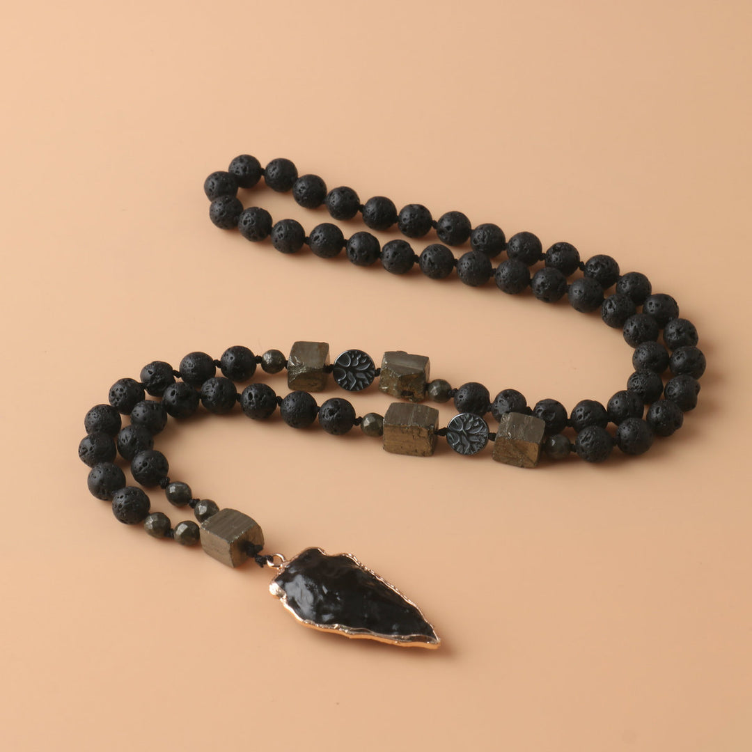 Lava Stone Pyrite Arrow Obsidian Pendant Long Necklace, Vintage Dark Style Stackable Necklace