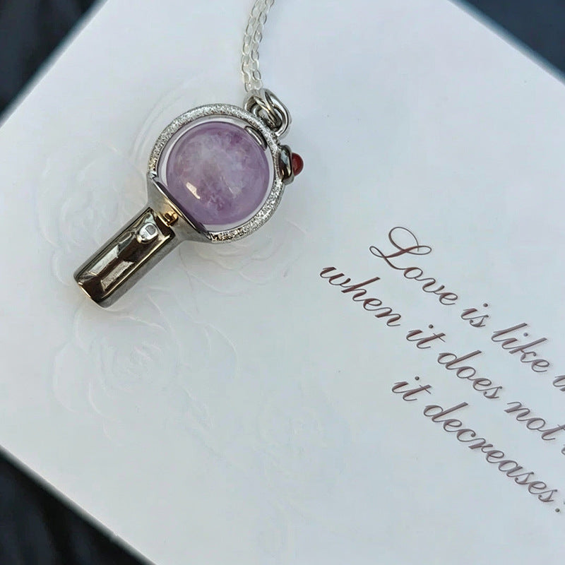 Exquisite Round Amethyst Magic Wand Pendant Necklace, Luxury Paved Crystal Minimalist Clavicle Chain for Women
