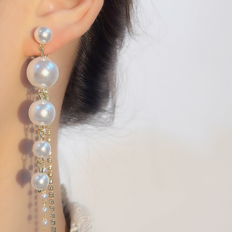 Gradient Natural Pearl Rhinestone Long Tassel Drop Earrings, S925 Sterling Silver Luxury Dainty Chain Women Earrings