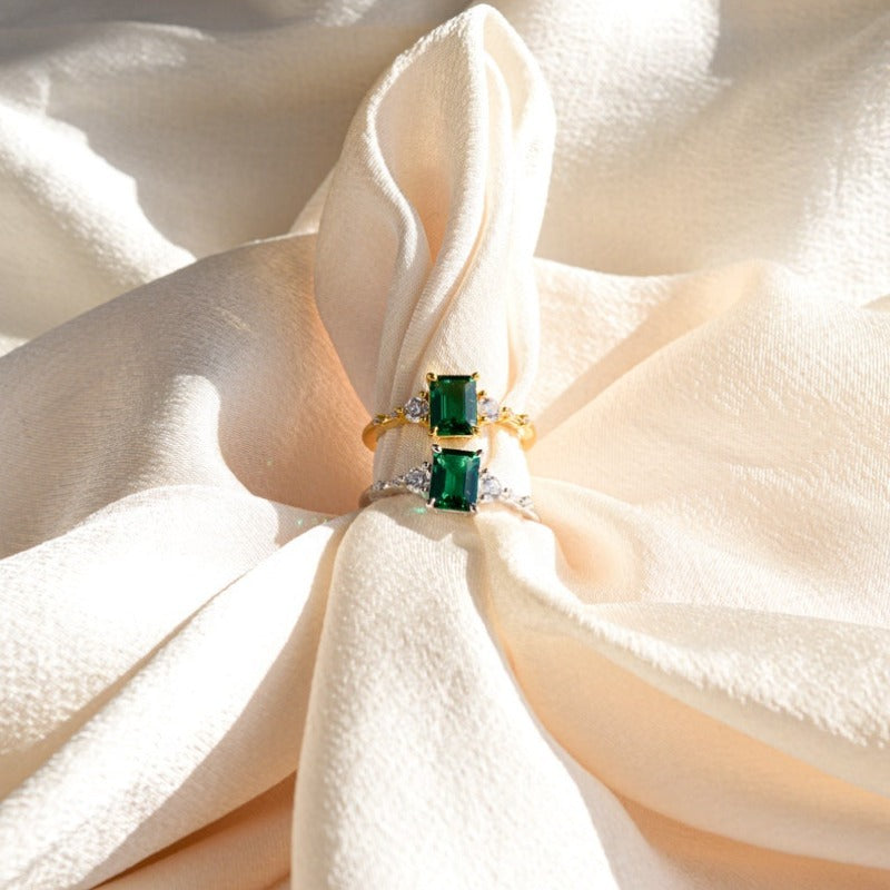Emerald‑Cut Green Center Stone Three‑Stone Ring, Gold & Silver Two‑Tone Options