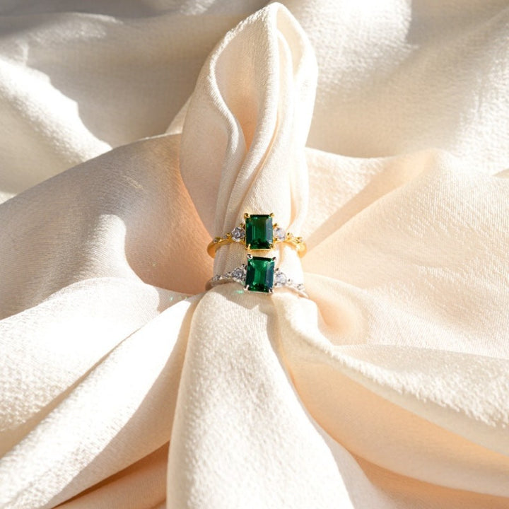 Emerald‑Cut Green Center Stone Three‑Stone Ring, Gold & Silver Two‑Tone Options
