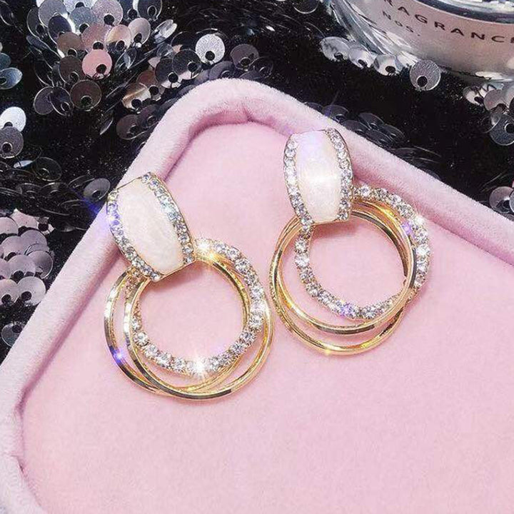 Iridescent Shell & Double Circle Pave Earrings (Light Luxury Minimalist Elegance Style)