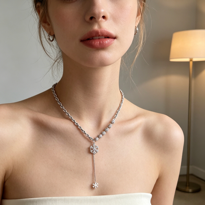 Double Snowflake diamond Y-Shaped Necklace (Silver-Tone Delicate Choker)
