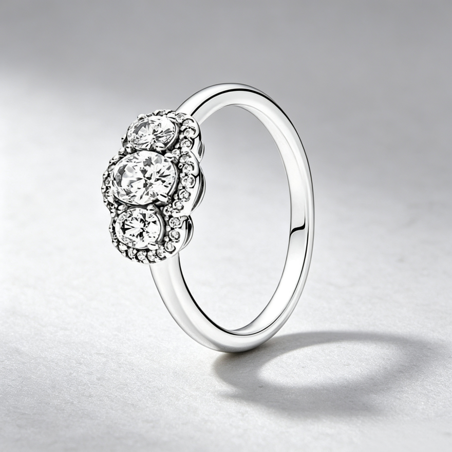 Three‑Stone Oval Halo Ladies Ring, Two‑Color Options