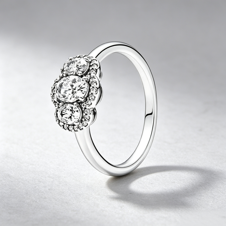 Three‑Stone Oval Halo Ladies Ring, Two‑Color Options
