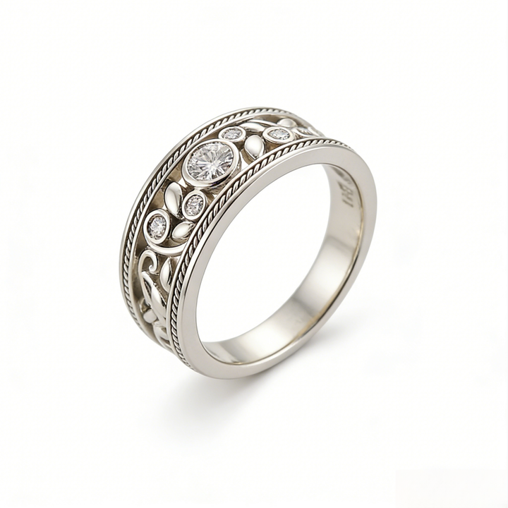 Vintage Filigree Diamond Wide Band Ring (Ornate Silver Tone Statement Ring)
