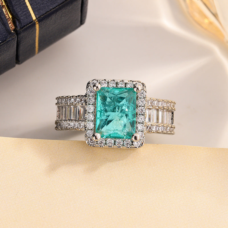 Square Green Gemstone Halo Diamond S925 Silver Ring