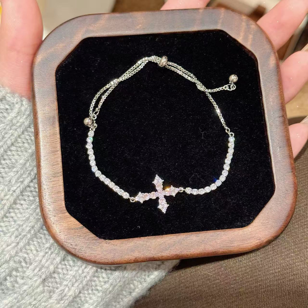 S925 Silver Paved Cross Adjustable Bracelet, Minimal Luxury Two Color Stackable Wrist Jewelry
