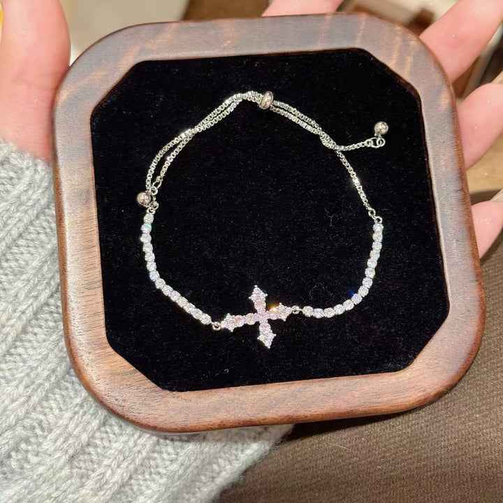 S925 Silver Paved Cross Adjustable Bracelet, Minimal Luxury Two Color Stackable Wrist Jewelry