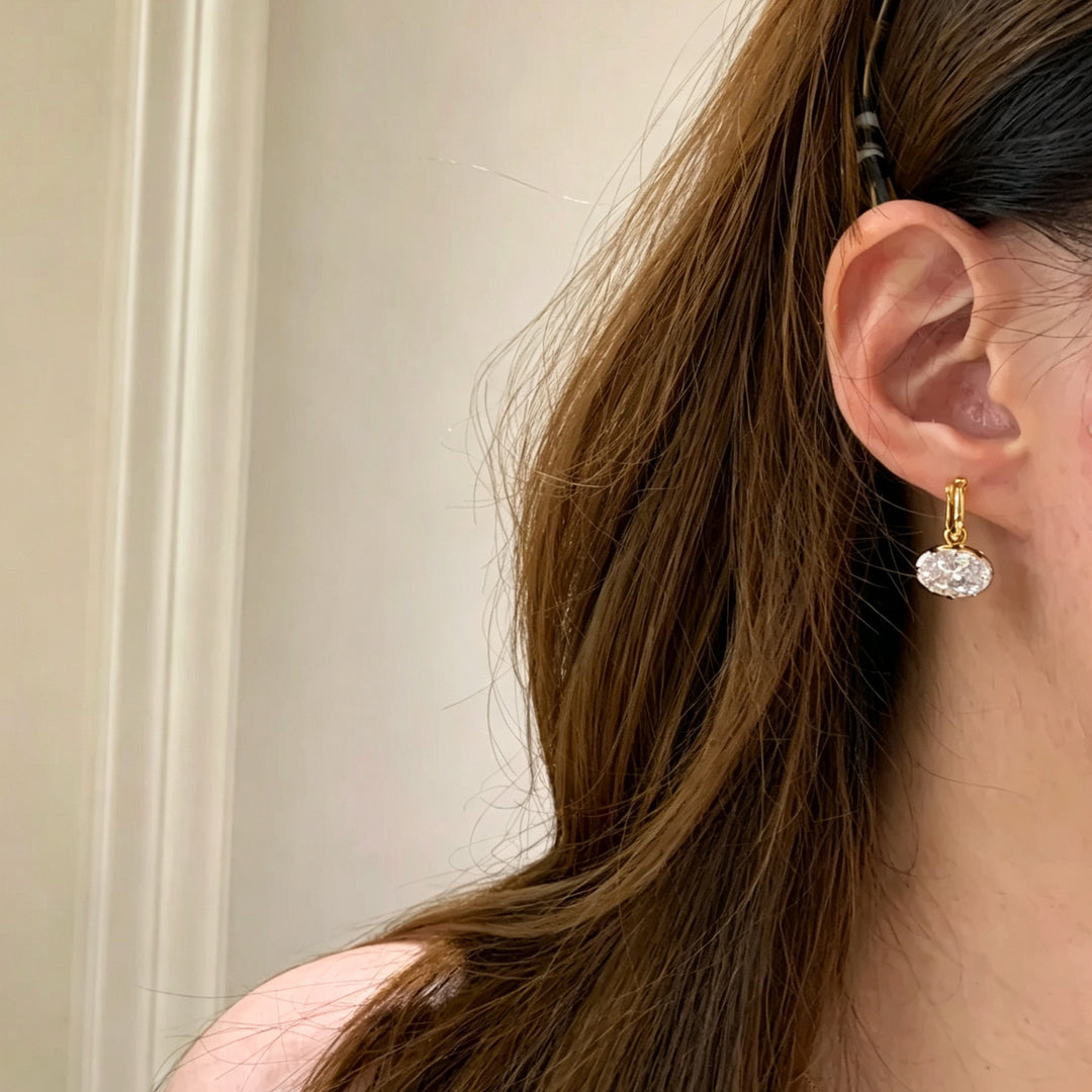 Oval Large Diamond Drop Huggie Earrings