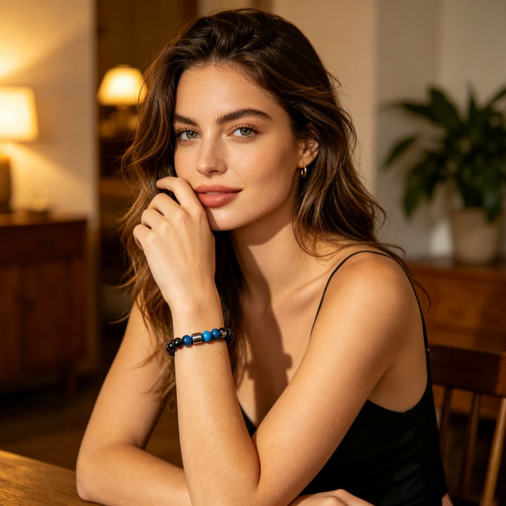 Hematite Multi Natural Stone Stretch Bracelet, Unisex Matte Magnetic Round Bead Wristband (Tiger Eye / Malachite / Blue Vein Stone 3 Colors)