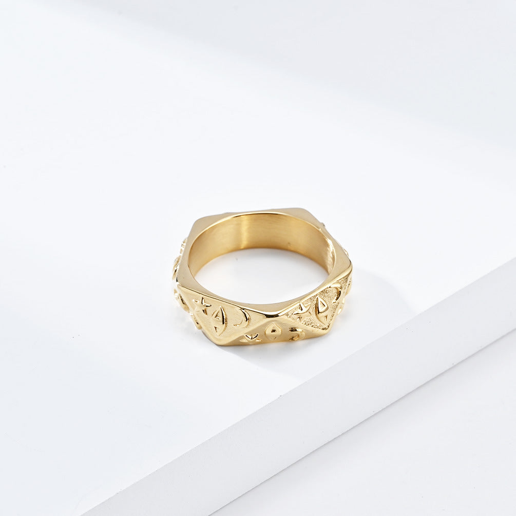 Polygonal 3D Sun Moon Star Embossed Ring, S925 Silver Gold / Silver / Black Trendy Unisex Band