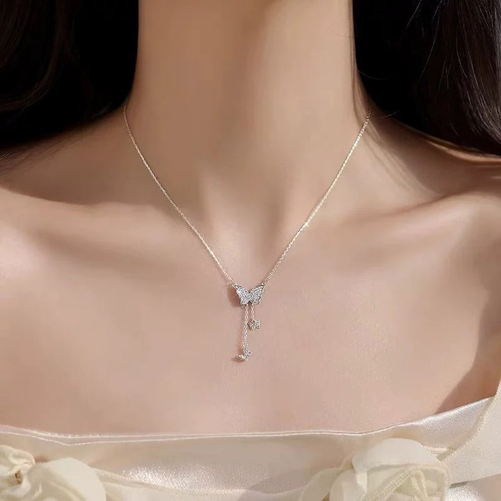 Pavé Triple Butterfly Tassel Necklace, Multi-Size Butterfly Drop Collarbone Chain, Gold & Silver Options