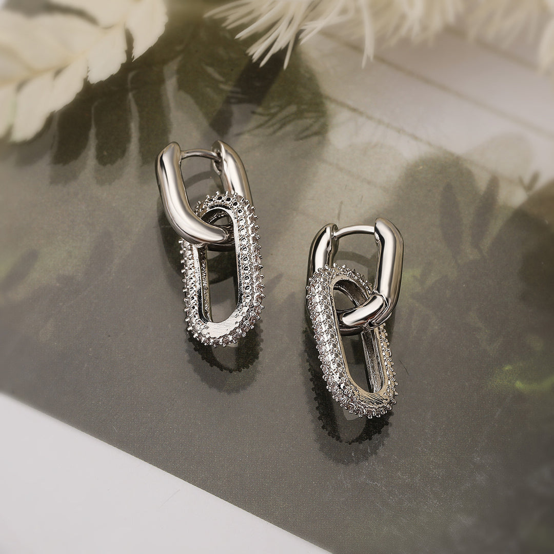 Double Link Paved Diamond Chain Huggie Earrings, Luxury Geometric Long Hollow Earrings, Gold & Silver Two Tones Available