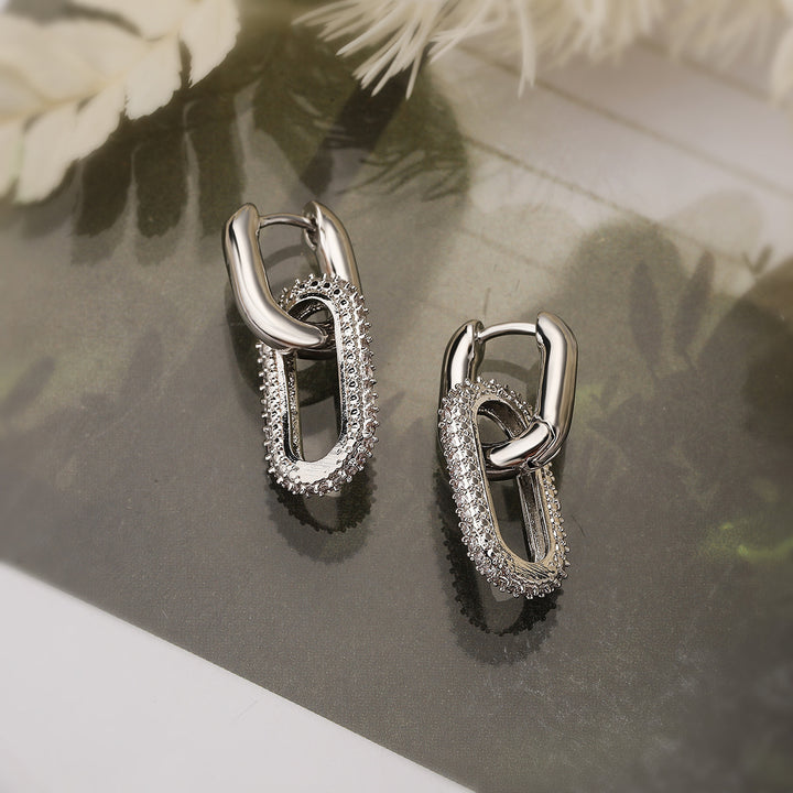 Double Link Paved Diamond Chain Huggie Earrings, Luxury Geometric Long Hollow Earrings, Gold & Silver Two Tones Available